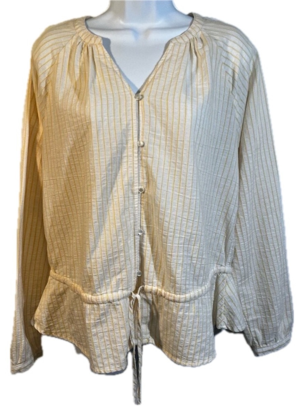 Time and Tru Yellow Striped Button Down Draw String Waist blouse. Size medium
